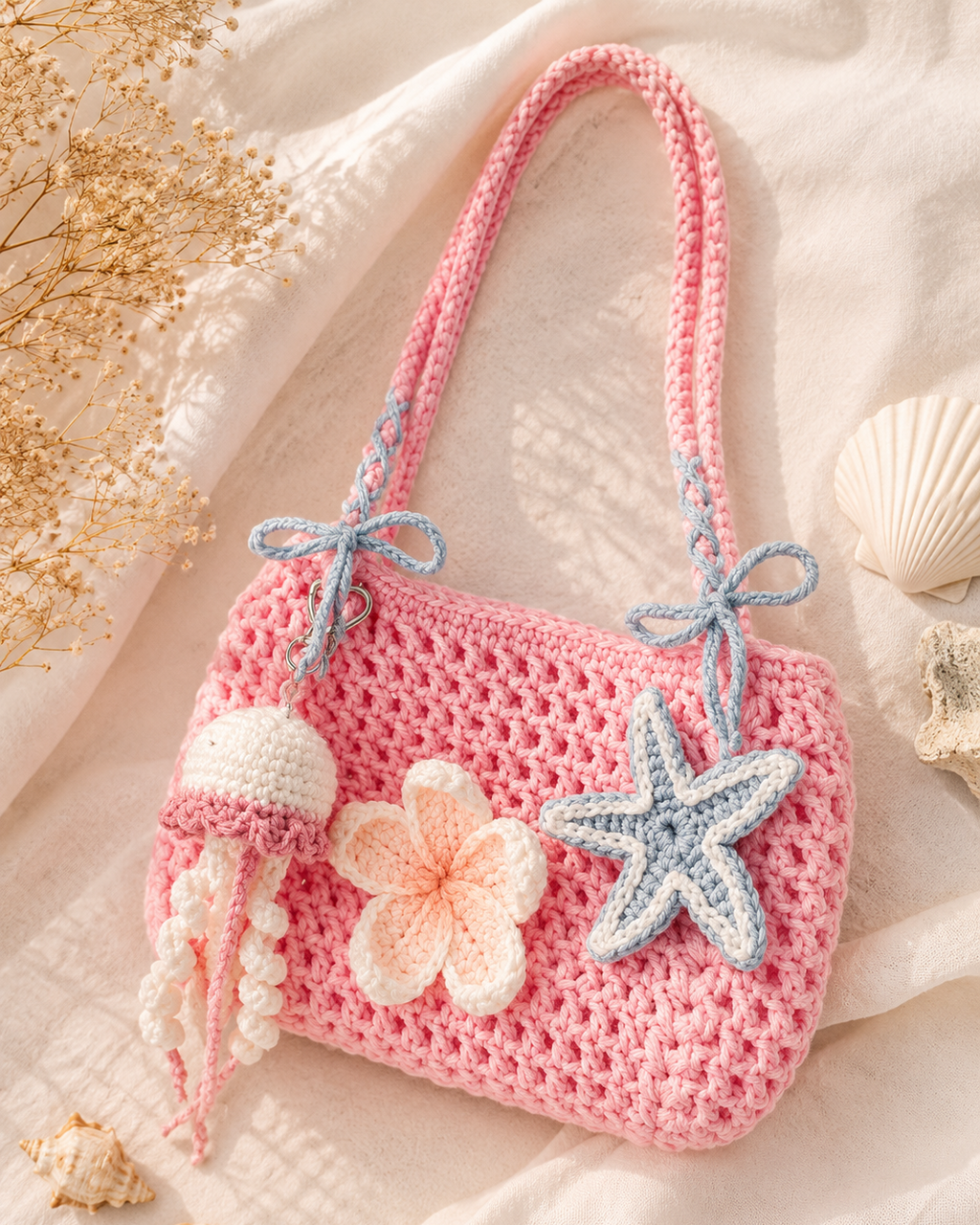 A pink crocheted shoulder bag with a long strap, decorated with a light blue starfish, a cream flower, and a small octopus charm, styled on a draped cream fabric with dried flowers and seashells.