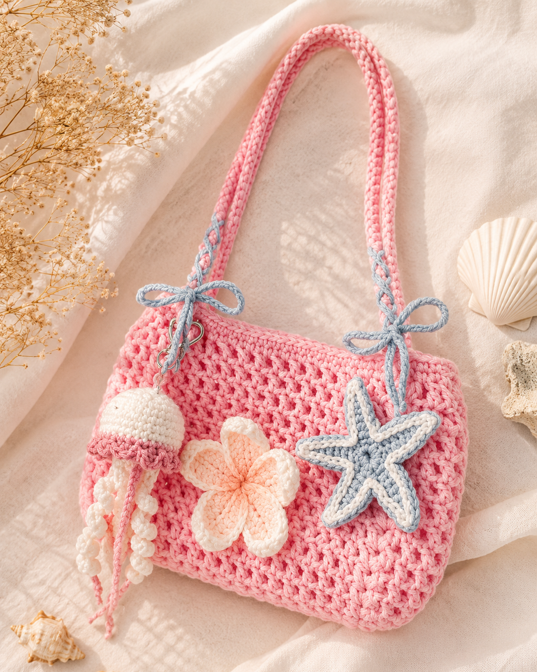 A pink crocheted shoulder bag with a long strap, decorated with a light blue starfish, a cream flower, and a small octopus charm, styled on a draped cream fabric with dried flowers and seashells.